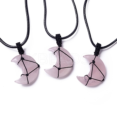 Adjustable Natural Rose Quartz Moon Pendant Necklace NJEW-B086-02G-1