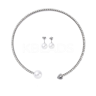 Round Plastic Imitation Pearl Stud Earrings & Heart Cubic Zirconia Rhinestone Cuff Choker Necklaces Sets SJEW-U003-08P-1