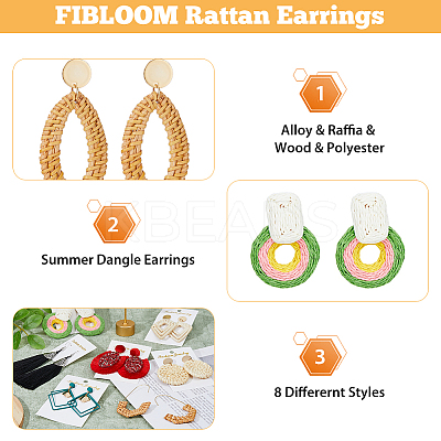 8 Pairs 8 Style Alloy & Raffia & Wood & Polyester Dangle Stud Earrings for Women EJEW-FI0002-76-1