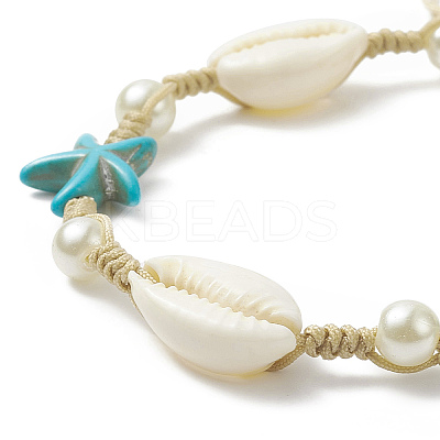 Synthetic Turquoise(Dyed) Starfish & Natural Shell & Glass Pearl Braided Bead Bracelet BJEW-TA00218-1