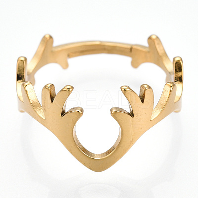 Ion Plating(IP) 304 Stainless Steel Deer Antler Adjustable Ring for Women RJEW-T027-06G-1