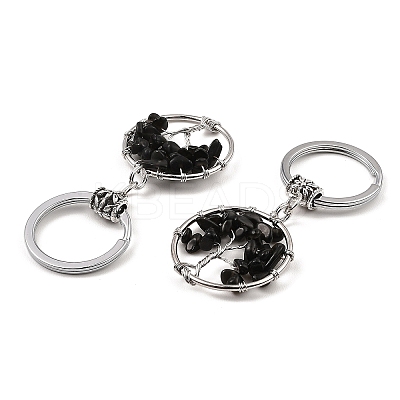 Natural Obsidian Flat Round with Tree of Life Pendant Keychain KEYC-E023-03U-1