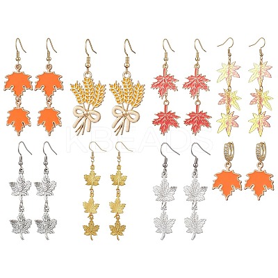 8 Pairs 8 Styles Maple Leaf Alloy Enamel Dangle Earrings EJEW-JE06137-1