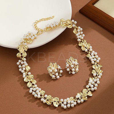 Ginkgo Leaf Zinc Alloy & Plastic Imitation Pearl Link Chain Necklace & Stud Earring Sets FS-WG12076-01-1