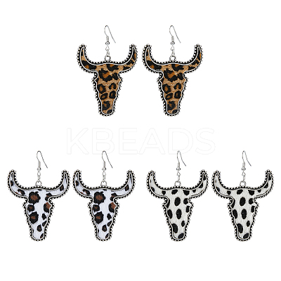3 Pairs 3 Colors Imitation Leather Cattle Head Dangle Earrings for Women EJEW-FI0002-36-1