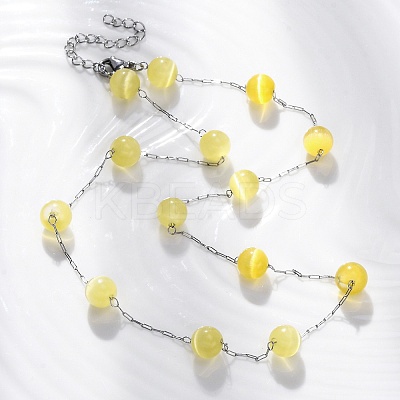 304 Stainless Steel Cat Eye Round Beads Handmade Chain Necklaces for Women NJEW-C073-01P-03-1