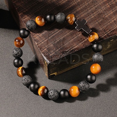 Natural Tiger Eye & Lava Rock & Black Stone Round Beads Stretch Bracelets LL8667-1