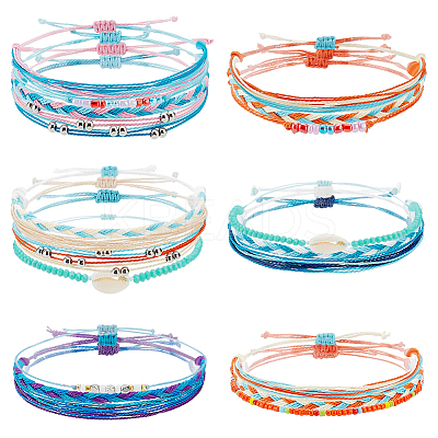 6 Sets 6 Style Natural Shell Braided Bead Bracelets Set BJEW-PH0004-18-1