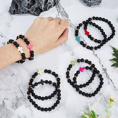 8Pcs 8 Colors Dyed Synthetic Turquoise Cross Beaded Stretch Bracelets Set BJEW-FI0001-27-1