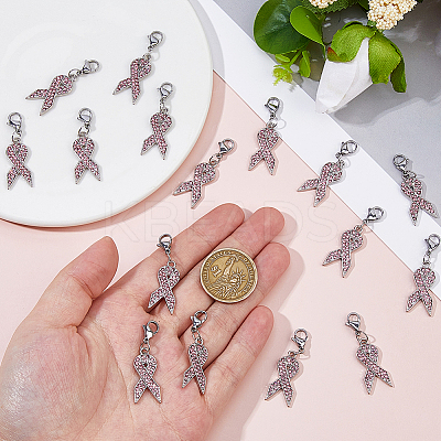 20Pcs Awareness Ribbon Shaped Alloy Rose Rhinestone Pendant Decorations HJEW-FH00186-1