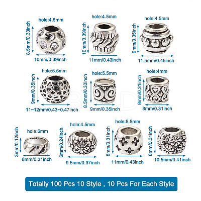 100Pcs 10 Style Tibetan Style Alloy European Beads TIBEB-MP0001-01-1