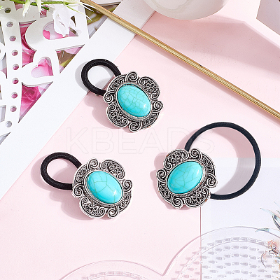 3Pcs Alloy & Resin Imitation Synthetic Turquoise Hair Ties OHAR-CY0001-10A-1