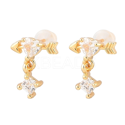 Heart Brass Micro Pave Clear Cubic Zirconia Dangle Stud Earrings EJEW-A150-02G-1