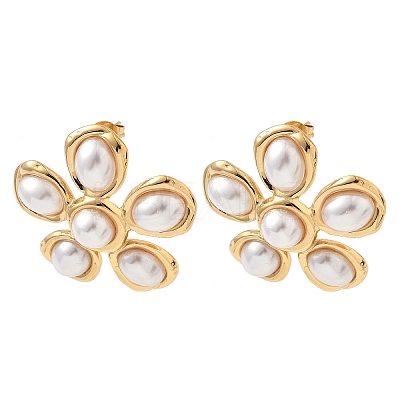 Flower 304 Stainless Steel Plastic Imitation Pearl Stud Earrings for Women EJEW-G444-04G-1