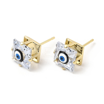 Square Glass with Enamel Evil Eye Stud Earrings EJEW-P210-03G-05-1