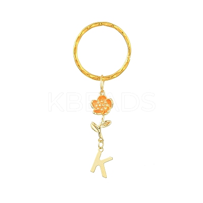 Brass Flower & 201 Stainless Steel Letter A~Z Pendant Keychain KEYC-JKC00801-1
