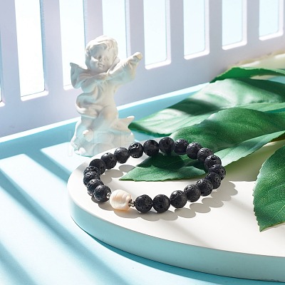 Natural Pearl & Lava Rock Beaded Stretch Bracelet BJEW-JB07760-1
