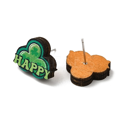Saint Patrick's Day Green Wood Stud Earrings EJEW-D074-01A-1