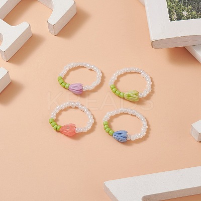 Flower Bud Synthetic Coral & Glass Seed Beaded Stretch Ring for Women RJEW-JR00557-1