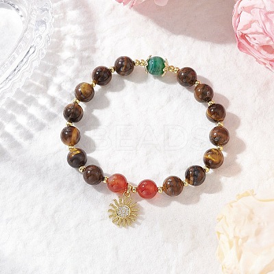 Natural Striped Agate & Tiger Eye Round Beaded Bracelets BJEW-JB11934-03-1