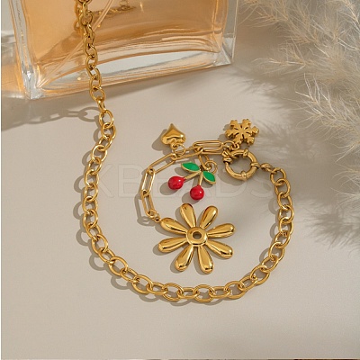 304 Stainless Steel Enamel Red Cherry Flower Heart Pendant Necklaces for Women NJEW-G181-11G-1