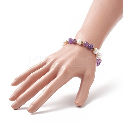 Natural Amethyst & Pearl Round Beaded Stretch Bracelet for Women BJEW-JB09246-01-1