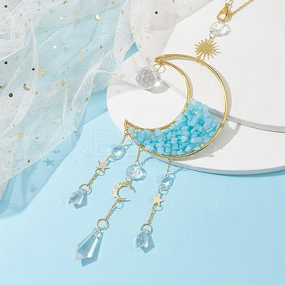 Wire Wrapped Natural White Jade Chip & Brass Moon Pendant Decorations HJEW-JM01504-03-1