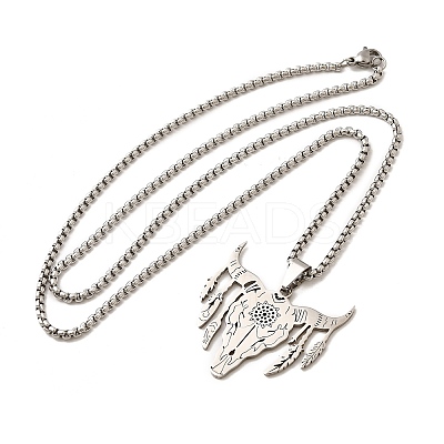 Punk Style 201 Stainless Steel Laser Cut Cattle Head Pendant Box Chain Necklaces for Women Men NJEW-E156-04P-1
