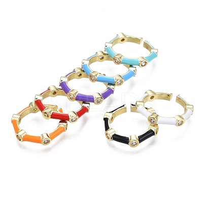 Clear Cubic Zirconia Bamboo Shape Open Cuff Ring with Enamel for Women RJEW-N035-101-1
