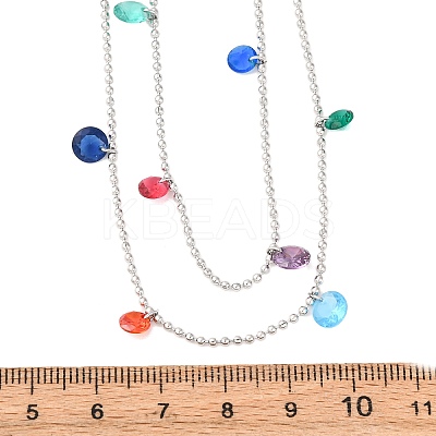 304 Stainless Steel Ball Chain Colorful Cubic Zirconia Flat Round Tassel Double Layer Necklaces for Women NJEW-A051-05P-1
