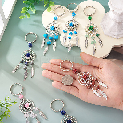 10Pcs 5 Styles Woven Web with Feather Alloy & Natural Mixed Stone & Glass Seed Keychains KEYC-TA0001-53-1