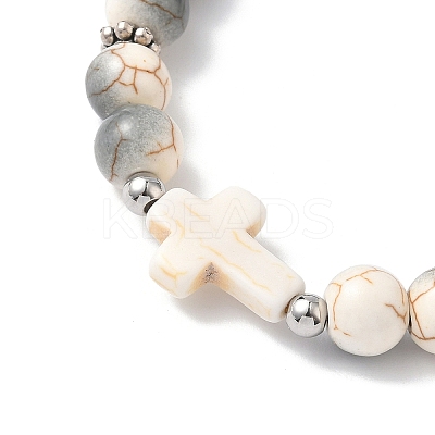 Baking Paint Synthetic Turquoise Round & Cross Beads Stretch Bracelets for Men Women BJEW-JB12339-03-1