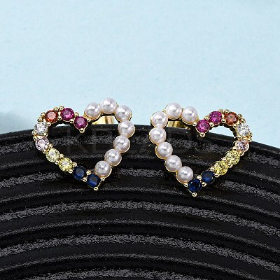 Brass Micro Pave Cubic Zirconia Heart Stud Earrings EJEW-K267-32G-1