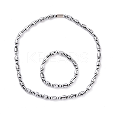Synthetic Hematite & Brass Column Beaded Necklace Bracelet with Magnetic Clasps SJEW-G079-01C-1