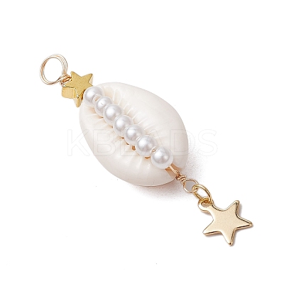3Pcs 3 Styles Natural Cowrie Shell  Copper Wire Wrapped Glass Pearl Pendants PALLOY-JF03503-1
