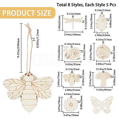 40 Sets 8 Style Unfinished Wood Pendant Decorations WOOD-GF0001-82-1