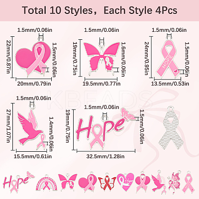 40Pcs 10 Styles Breast Cancer Pink Awareness Ribbon Theme Alloy Enamel Pendants ENAM-SC0005-02-1