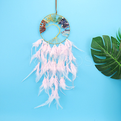 Tree of Life Wrapped Natural & Synthetic Mixed Stone Chips Woven Web/Net with Feather Decorations PW-WG91800-06-1