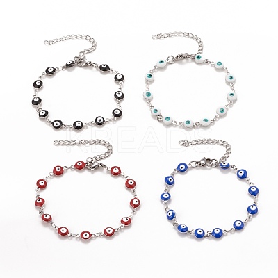 Enamel Oval with Evil Eye Link Chains Bracelet BJEW-P271-04P-1