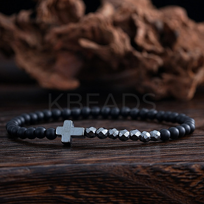 Synthetic Non-magnetic Hematite Cross & Black Stone Round Beaded Stretch Bracelets for Men ZI4844-1