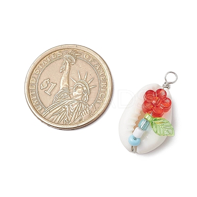 Natural Cowrie Shell & Acrylic & Glass Seed Beads Flower Shell Shaped Pendants PALLOY-JF03819-1