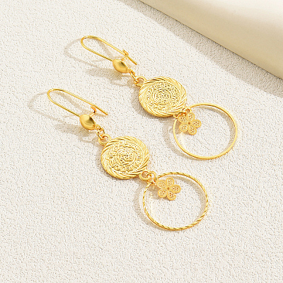 Geometric Hollow Retro Flat Round with Flower Brass Dangle Earrings DM2624-1