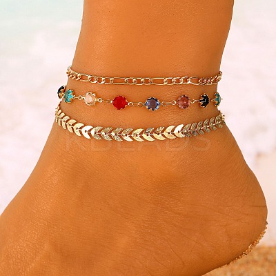 Alloy Colorful Rhinestone Chain 3 Layered Anklets for Women AJEW-A069-01A-G-1