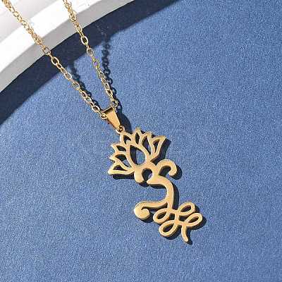 304 Stainless Steel Hollow Cut Yoga Om Lotus Flower Pendant Necklaces NJEW-Z073-02G-04-1