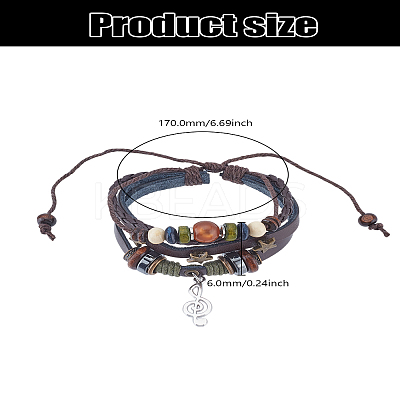1Pc Leater Braided Multi-strand Bracelet with Alloy Musical Note Charms MUSI-LP0001-01A-1
