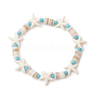 3Pcs Synthetic Turquoise & Natural Freshwater Shell Beads Stretch Bracelets for Women BJEW-JB12021-1