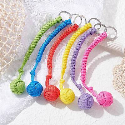 Polyester & Spandex Cord Ropes Braided Wood Ball Keychain KEYC-JKC00588-1