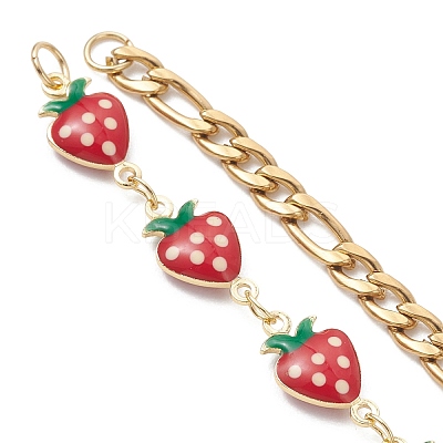 2Pcs 2 Styles Brass Enamel Red Strawberry Link Chain Bracelet Making AJEW-JB01547-1
