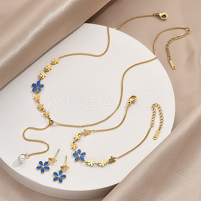 Flower Stainless Steel & Plastic Pearl Pendant Slider Necklace & Stud Dangle Earring & Link Bracelet FS-WG91D37-01-1