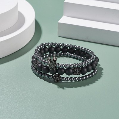 3Pcs 3 Style Round Synthetic Black Stone & Hematite Beaded Stretch Bracelets Set BJEW-JB07688-02-1